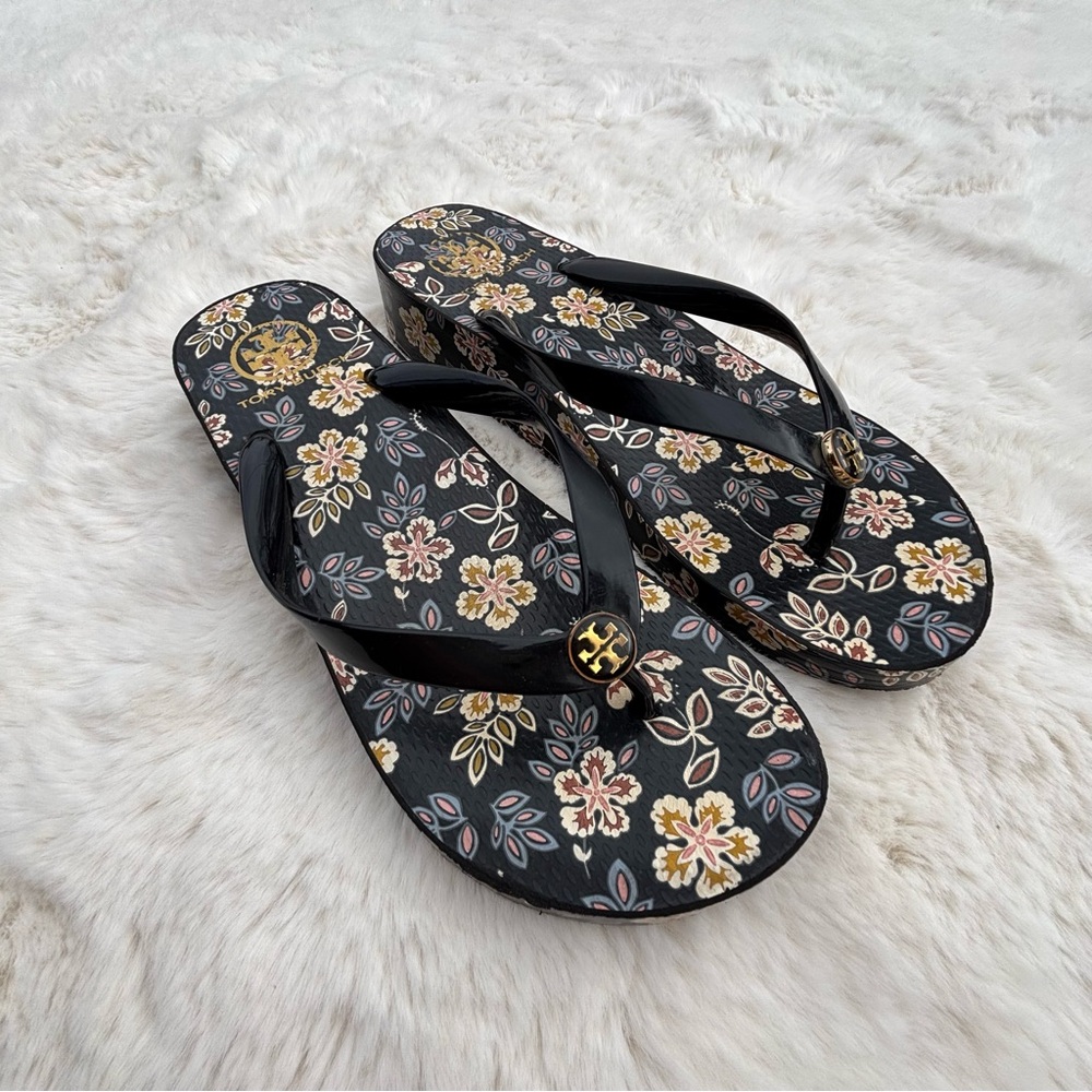 Tory Burch Black Floral Women's Platform Flip Flops